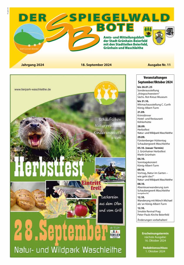 Der Spiegelwaldbote - Amts- und Mitteilungsblatt der Gemeinde Grünhain-Beierfeld  Titelblatt 11/2024