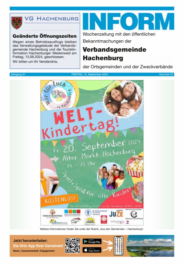 INFORM - Wochenzeitung der Verbandsgemeinde Hachenburg Titelblatt 37/2024