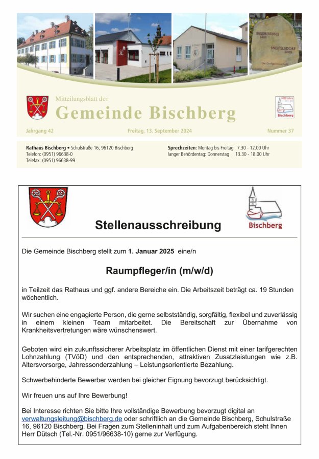Mitteilungsblatt der Gemeinde Bischberg Titelblatt 37/2024
