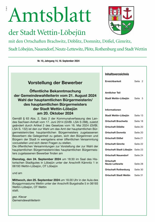 Amtsblatt der Stadt Wettin-Löbejün mit den Ortsteilen Titelblatt 10/2024