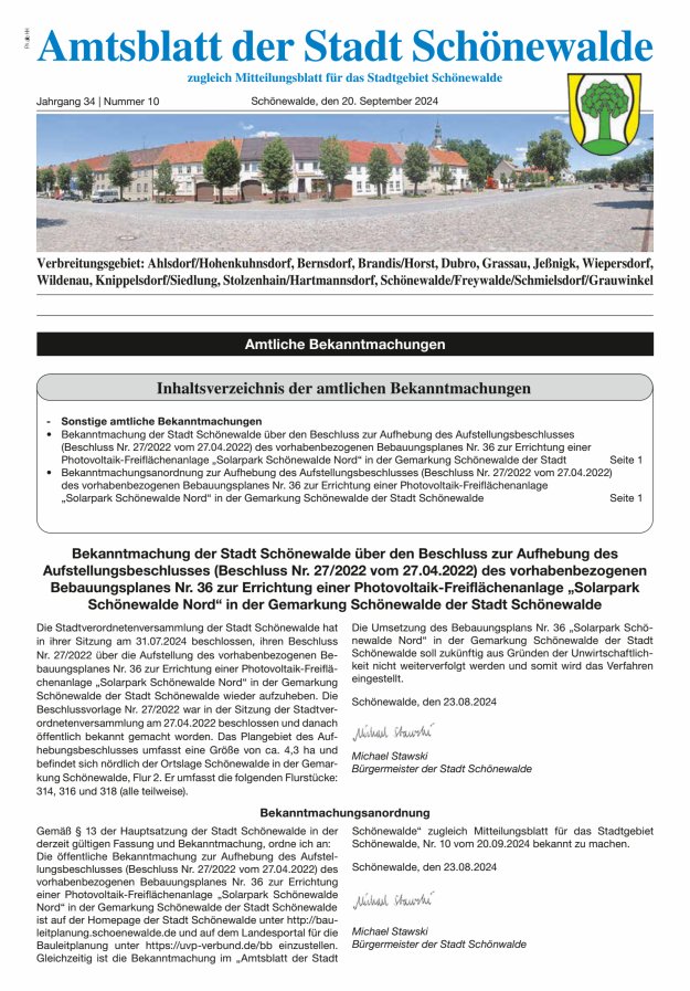 Amtsblatt der Stadt Schönewalde - Mitteilungsblatt für das Stadtgebiet Titelblatt 10/2024