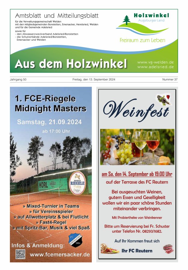 Aus dem Holzwinkel Amtsblatt u Mitteilungsblatt f VG Welden u GemAdelsried Titelblatt 37/2024