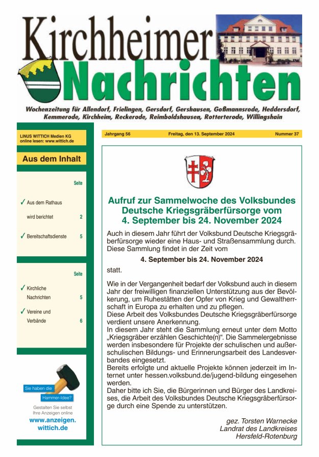 Kirchheimer Nachrichten Titelblatt 37/2024