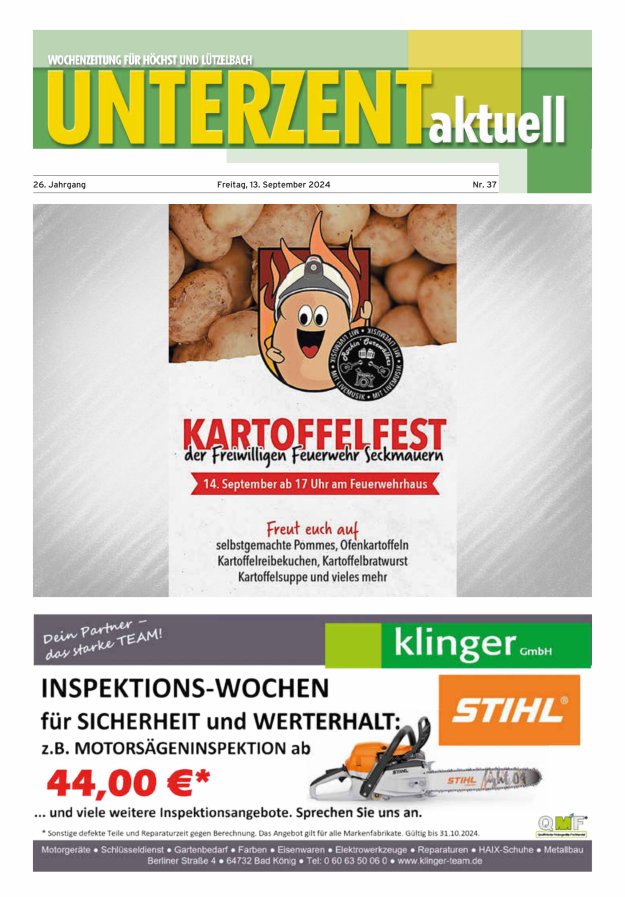 Unterzent aktuell Wochenzeitung für Höchst und Lützelbach Titelblatt 37/2024