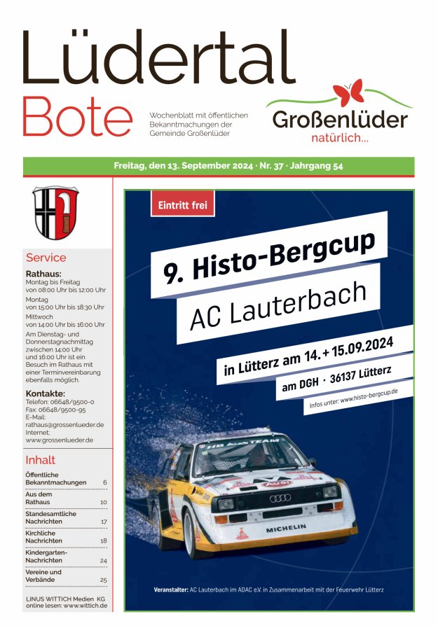 Wochenblatt mit öffentlichen Bekanntmachungen der Gemeinde Großenlüder Titelblatt 37/2024