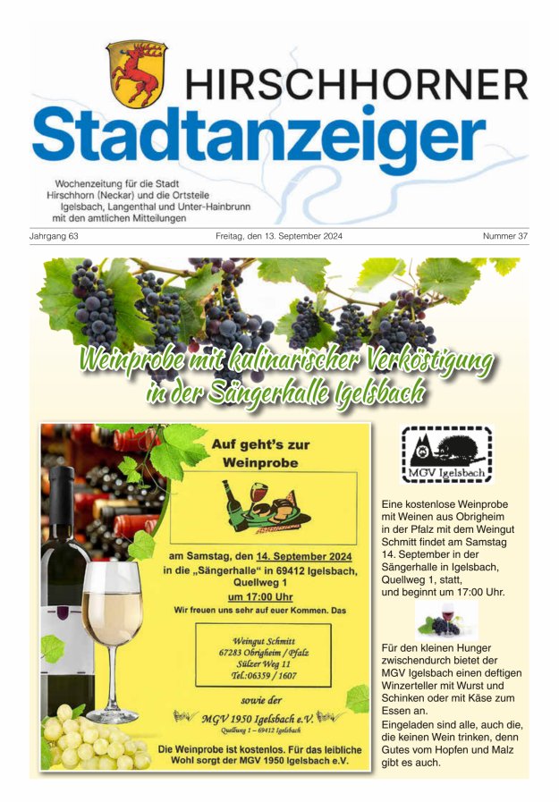 Hirschhorner Stadtanzeiger Titelblatt 37/2024