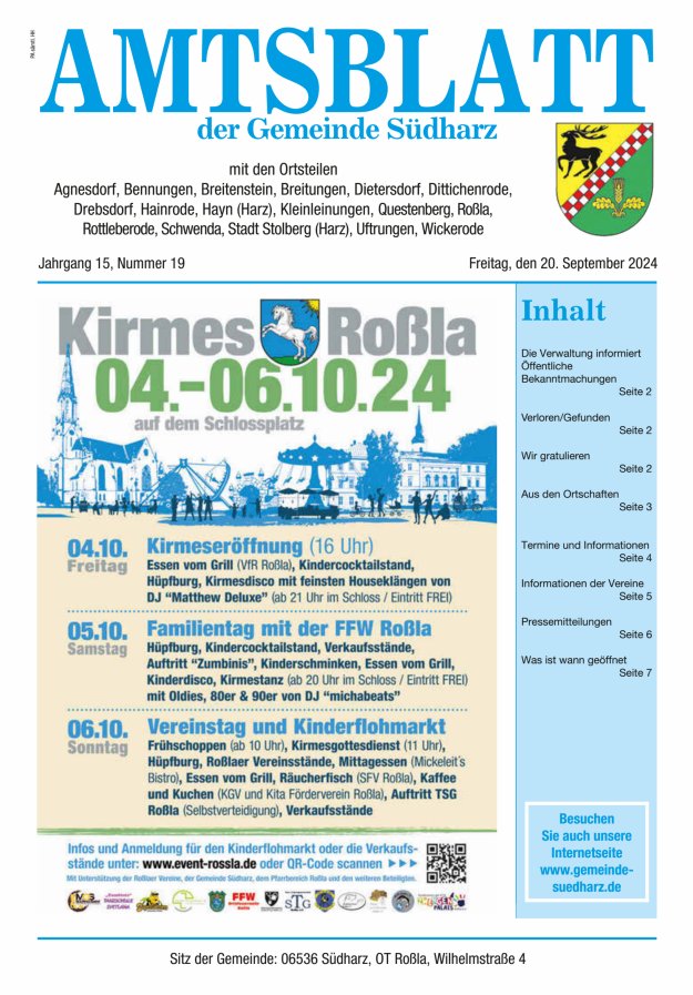 Amtsblatt der Gemeinde Südharz Titelblatt 19/2024