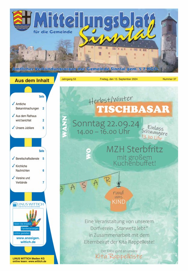 Mitteilungsblatt für die Gemeinde Sinntal Titelblatt 37/2024