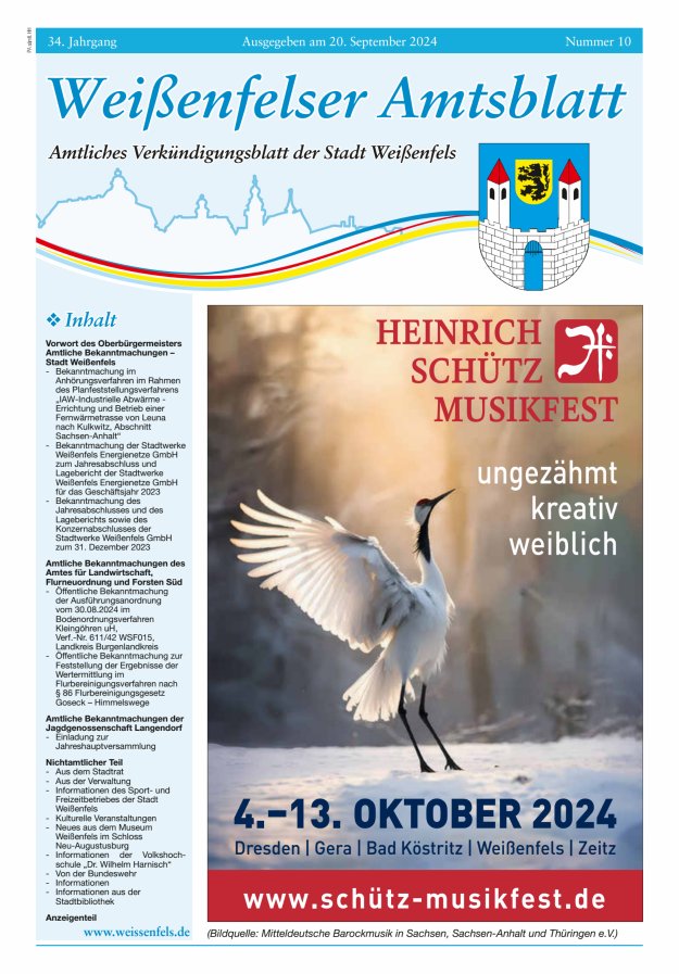 Weißenfelser Amtsblatt – Amtliches Verkündungsblatt der Stadt Weißenfels Titelblatt 10/2024
