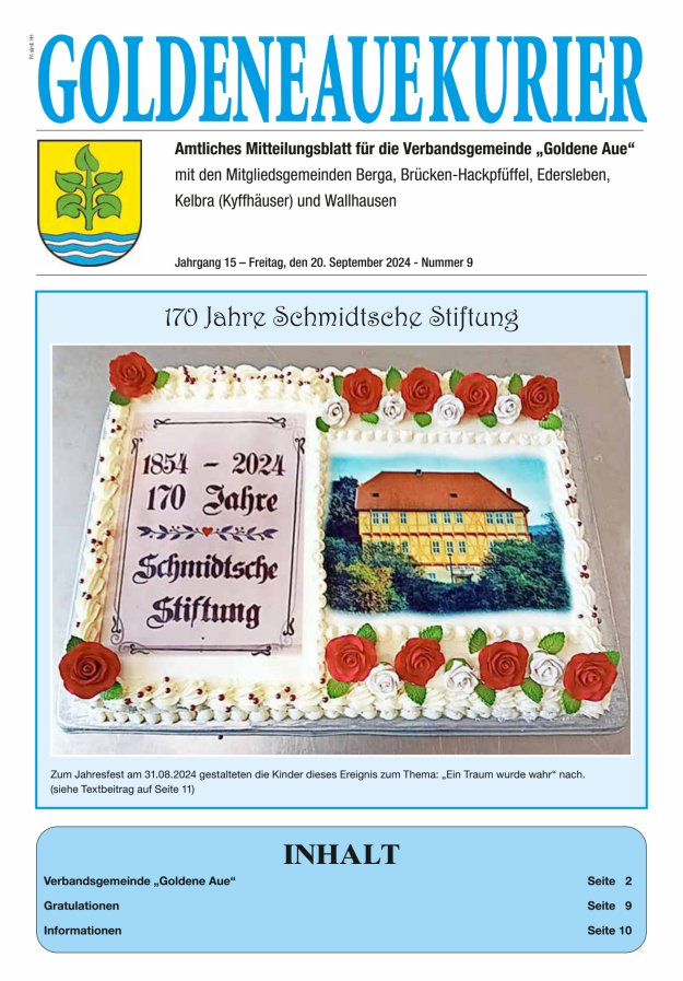 Goldene Aue Kurier – Amtliches Mitteilungsblatt für die Verbandsgemeinde "Goldene Aue" Titelblatt 09/2024