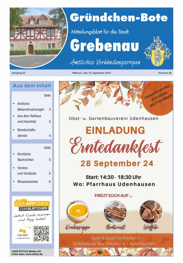 Grebenau - Gründchen Bote - Mitteilungsblatt für die Stadt Grebenau Titelblatt 38/2024