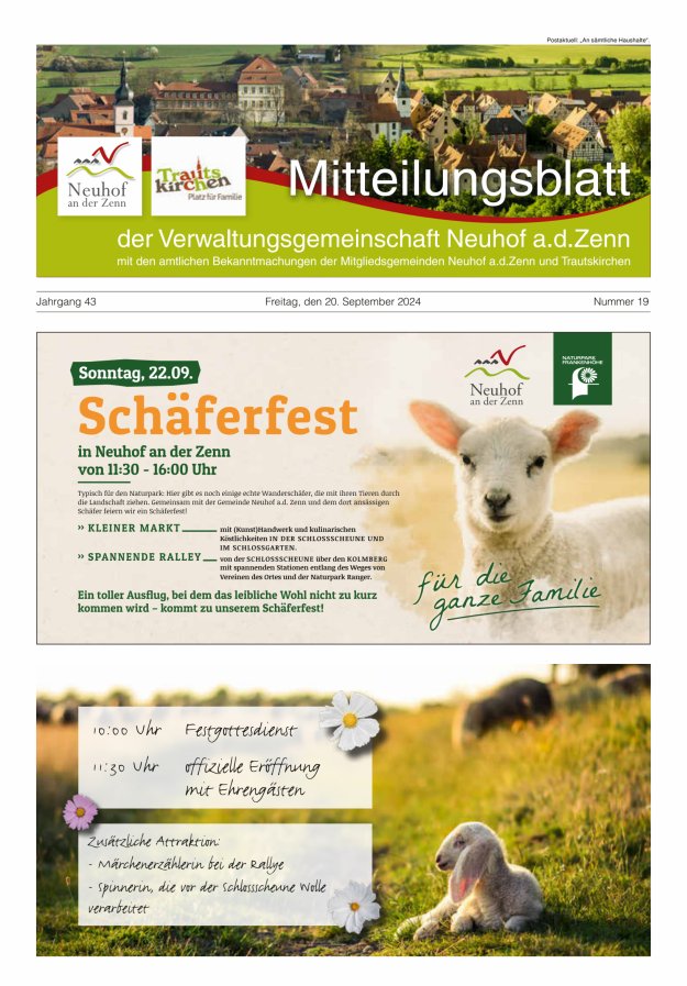 Mitteilungsblatt der Verwaltungsgemeinschaft Neuhof an der Zenn mit den amtlichen Bekanntmachungen der Mitgliedsgemeinden Neuhof an der Zenn und Trautskirchen Titelblatt 19/2024