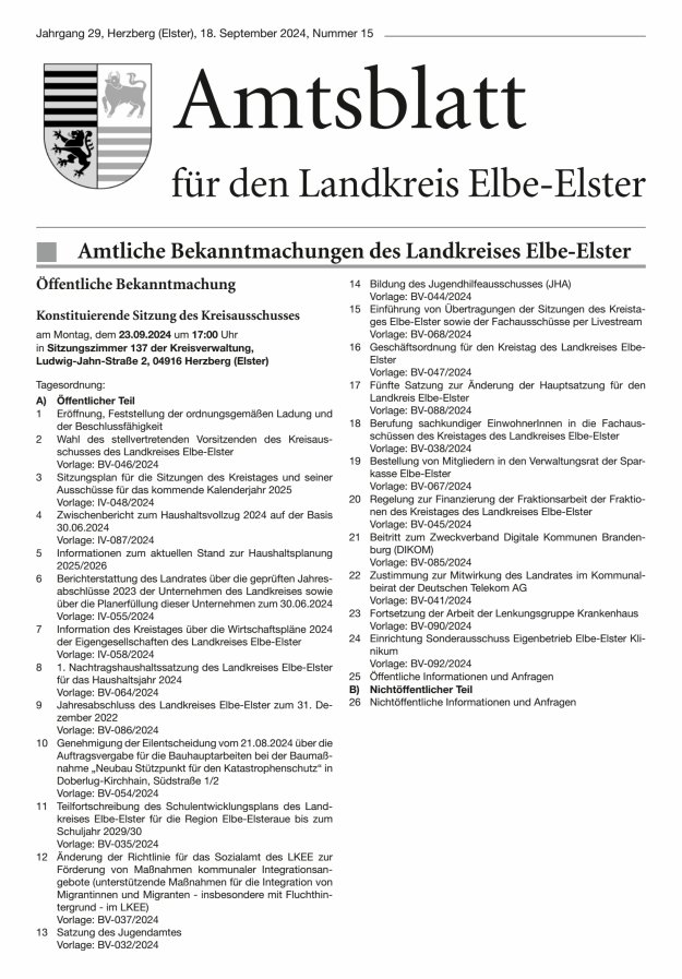 Amtsblatt für den Landkreis Elbe-Elster Titelblatt 15/2024
