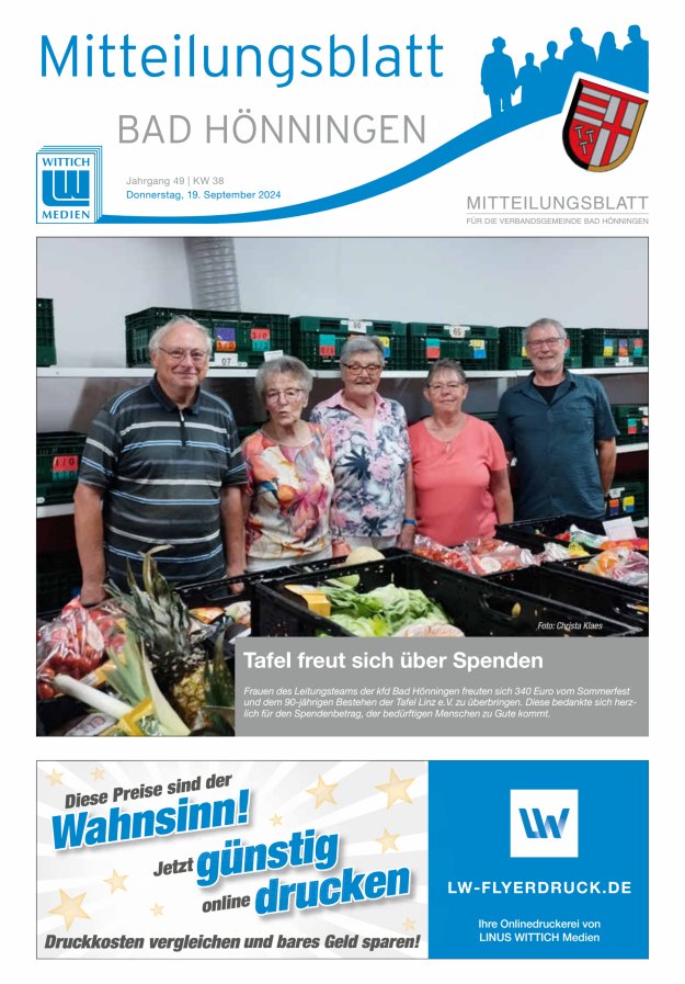 Mitteilungsblatt für den Bereich der Verbandsgemeinde Bad Hönningen Titelblatt 38/2024
