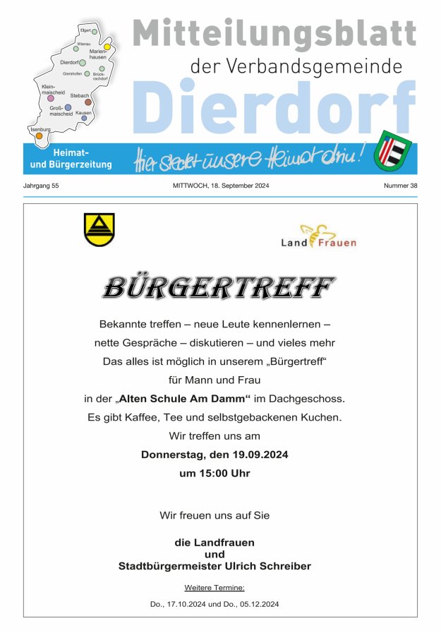 Mitteilungsblatt der Verbandsgemeinde Dierdorf Titelblatt 38/2024