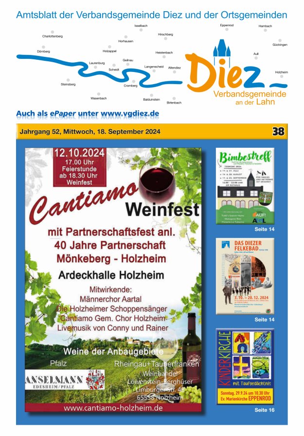 Mitteilungsblatt der Verbandsgemeinde Diez und der Ortsgemeinden Titelblatt 38/2024