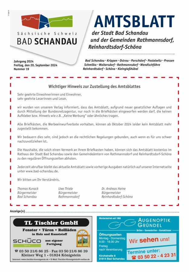 Amtsblatt der Stadt Bad Schandau und der Gemeinden Titelblatt 19/2024
