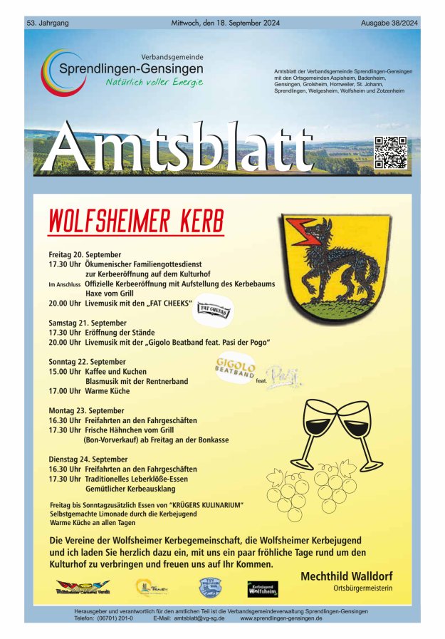 Amtsblatt VG Sprendlingen-Gensingen Titelblatt 38/2024