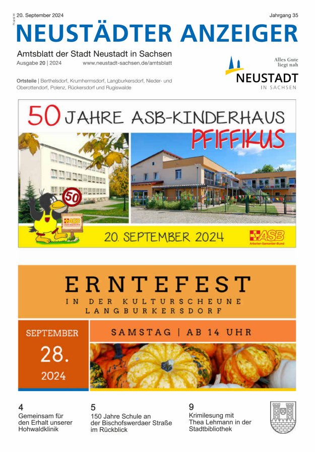 Neustädter Anzeiger - Amts- und Heimatblatt der Stadt Neustadt in Sachsen Titelblatt 20/2024