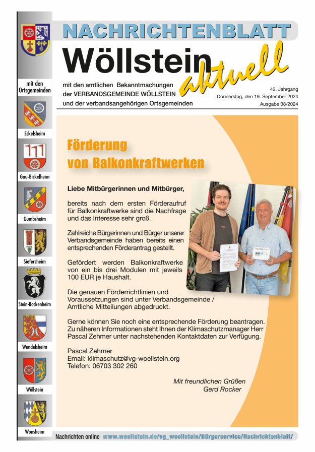 Nachrichtenblatt Wöllstein aktuell Titelblatt 38/2024