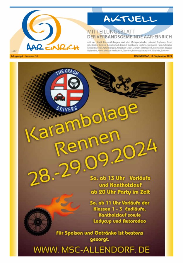 Mitteilungsblatt der Verbandsgemeinde Aar-Einrich Ausgabe Katzenelnbogen Titelblatt 38/2024