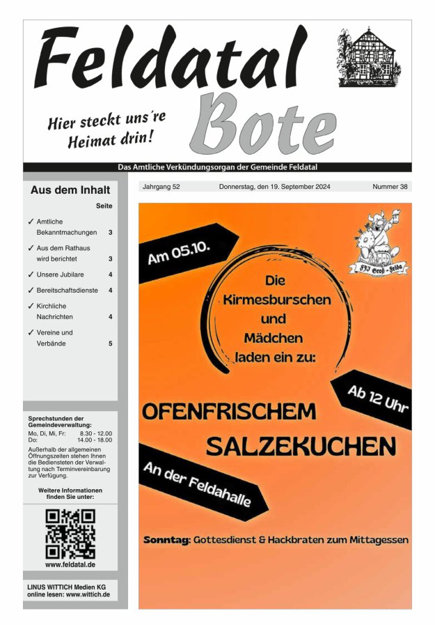 Das Amtliche Verkündungsorgan der Gemeinde Feldatal Titelblatt 38/2024
