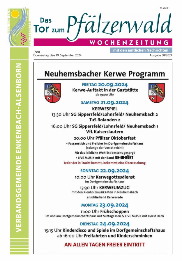 Das Tor zum Pfälzer Wald - VG Enkenbach-Alsenborn Titelblatt 38/2024