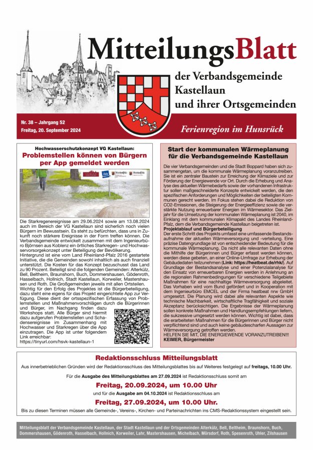 Mitteilungsblatt Kastellaun Titelblatt 38/2024