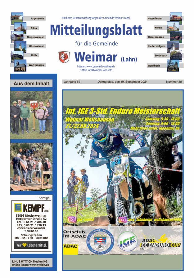 Mitteilungsblatt für die Gemeinde Weimar Titelblatt 38/2024