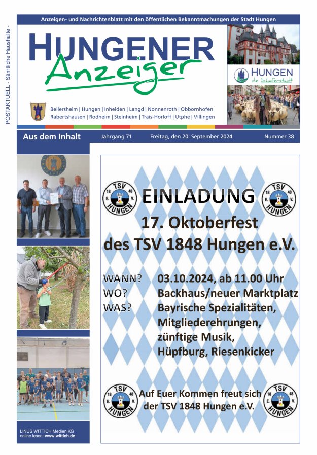 Anzeigen- und Nachrichtenblatt mit den öff  Bekanntmachungen der Stadt Hungen Titelblatt 38/2024