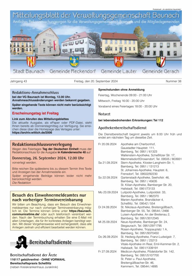 Mitteilungsblatt Verwaltungsgemeinschaft Baunach Titelblatt 38/2024