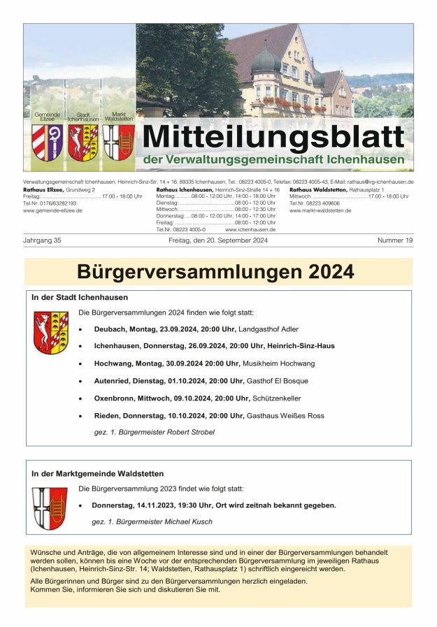 Mitteilungsblatt der Verwaltungsgemeinschaft Ichenhausen Titelblatt 19/2024