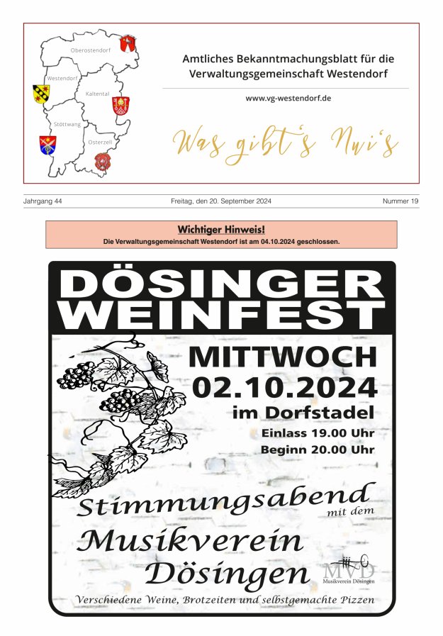 Was gibt's Nui's Amtliches Bekanntmachungsblatt für die VG Westendorf Titelblatt 19/2024
