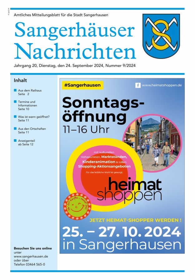 Sangerhäuser Nachrichten – Amtliches Mitteilungsblatt für die Stadt Sangerhausen Titelblatt 09/2024