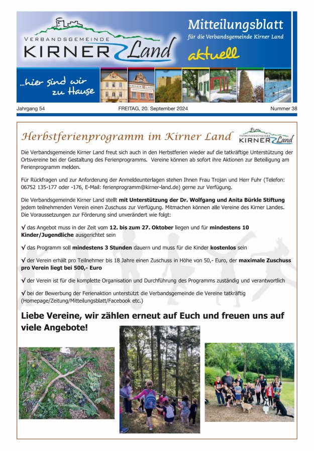 Mitteilungsblatt für den Bereich der Verbandsgemeinde Kirner Land Titelblatt 38/2024