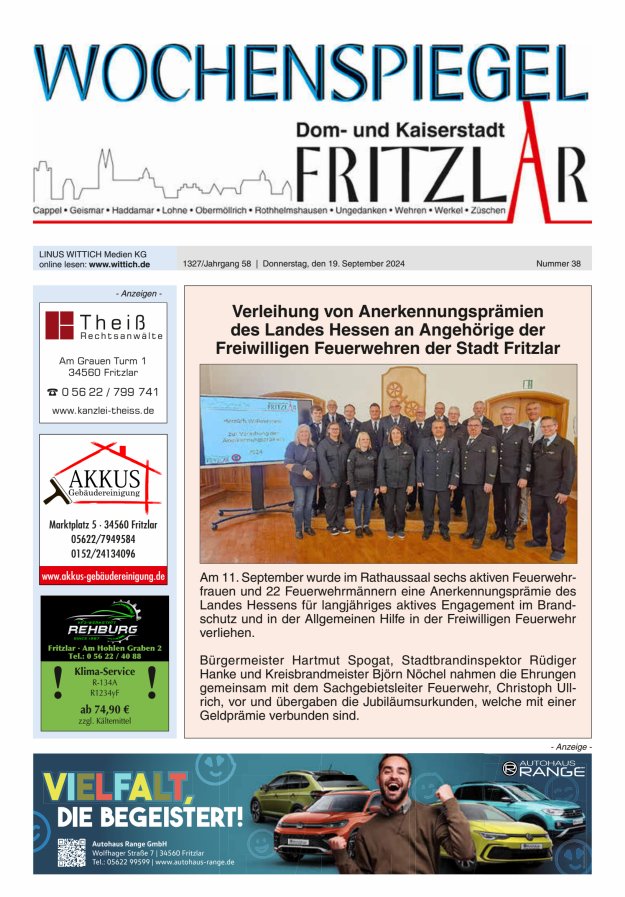 Wochenspiegel Dom- und Kaiserstadt Fritzlar Titelblatt 38/2024