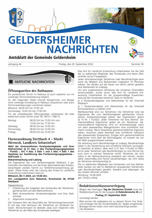 Geldersheimer Nachrichten Amtsblatt der Gemeinde Geldersheim Titelblatt 38/2024