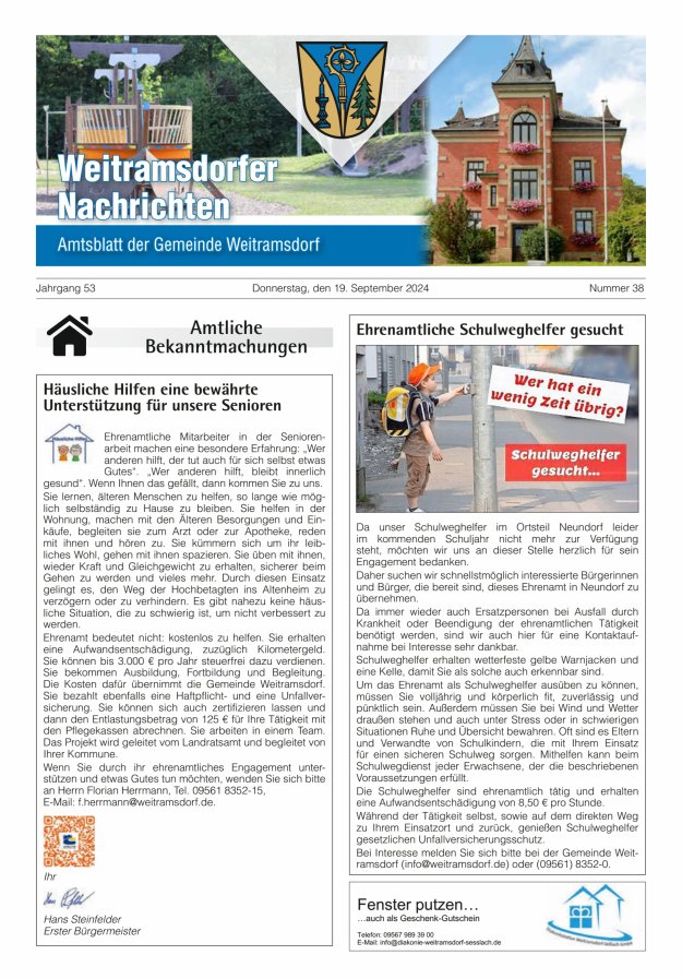 Weitramsdorfer Nachrichten Titelblatt 38/2024