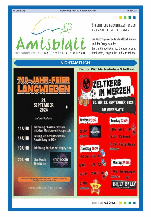 Amtsblatt der VG Bruchmühlbach-Miesau Titelblatt 38/2024