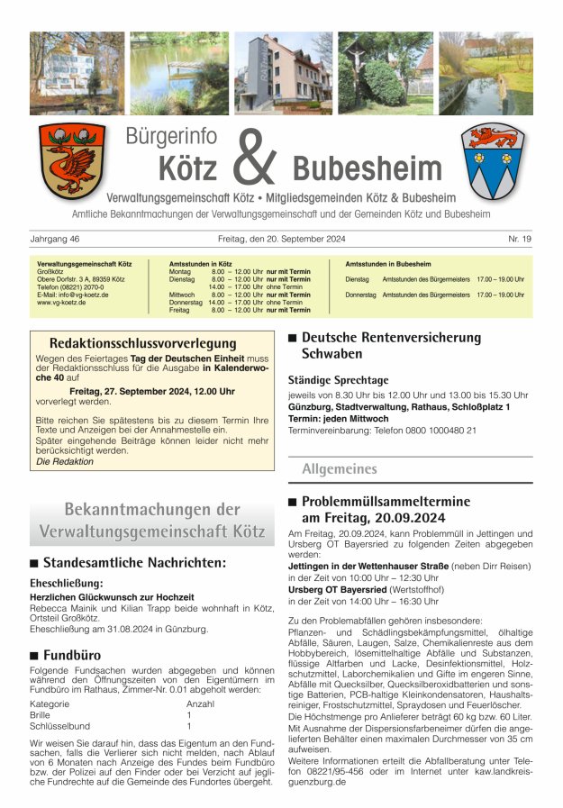 Amtsblatt der VG Kötz und der Mitgliedsgemeinden Titelblatt 19/2024