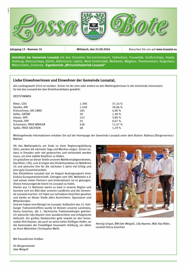 Amtsblatt Lossa Bote - Gemeinde Lossatal mit den Ortsteilen Titelblatt 10/2024