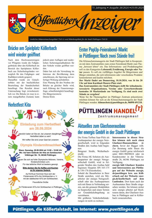 Öffentlicher Anzeiger - Stadt Püttlingen Titelblatt 38/2024
