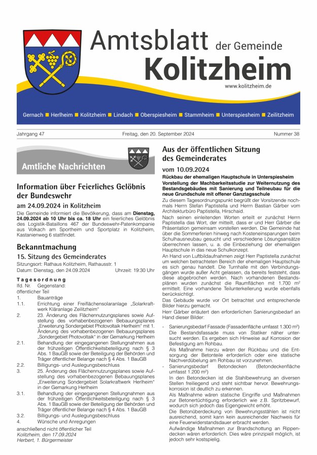 Amtsblatt der Gemeinde Kolitzheim Titelblatt 38/2024