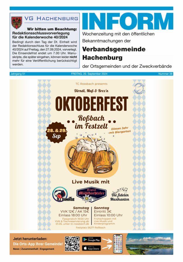 INFORM - Wochenzeitung der Verbandsgemeinde Hachenburg Titelblatt 38/2024