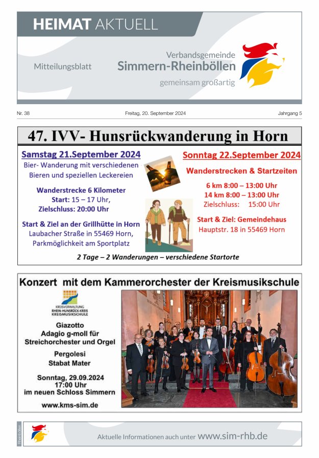 Heimat Aktuell Mitteilungsblatt der VG Simmern-Rheinböllen-Ausg Rheinböllen Titelblatt 38/2024