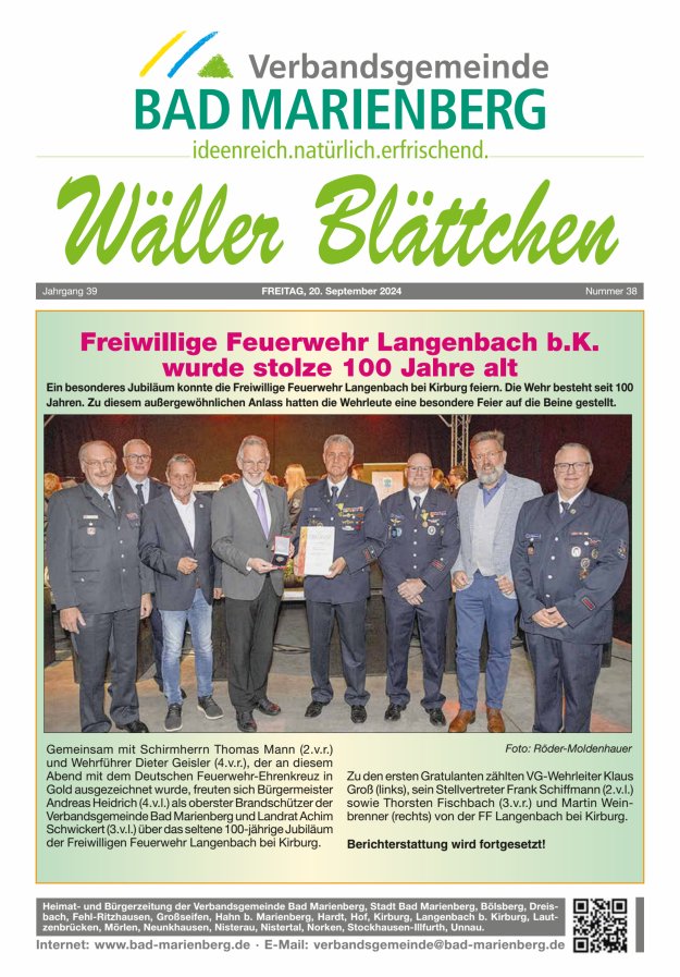 Wäller Blättchen - Verbandsgemeinde Bad Marienberg Titelblatt 38/2024