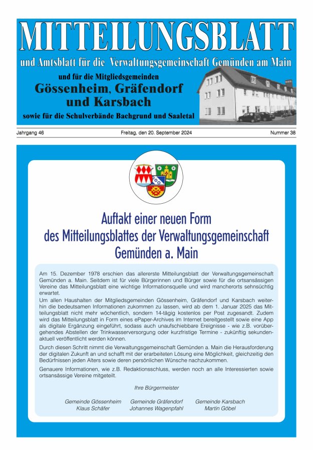 Mitteilungsblatt der VG Gemünden a Main Titelblatt 38/2024