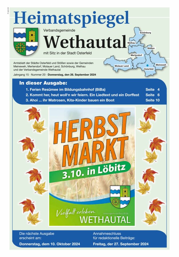 Heimatspiegel Verbandsgemeinde Wethautal mit Sitz in der Stadt Osterfeld Titelblatt 20/2024