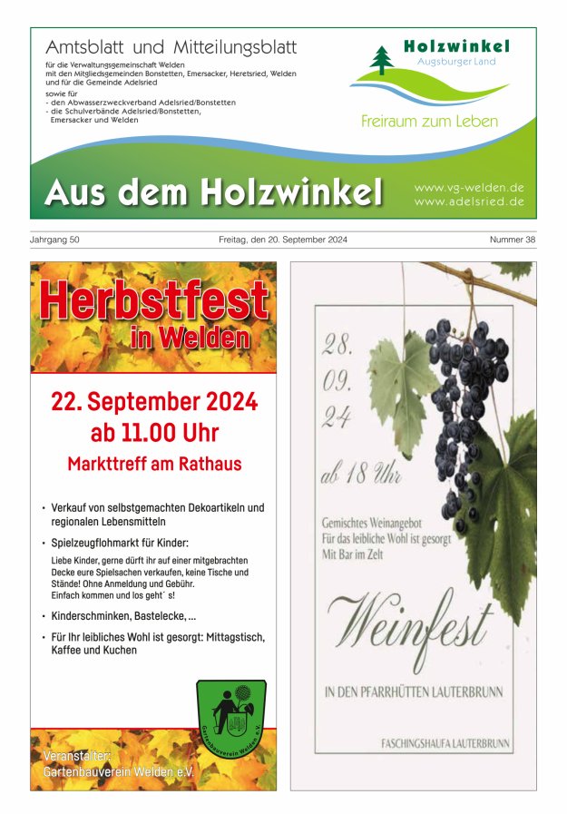 Aus dem Holzwinkel Amtsblatt u Mitteilungsblatt f VG Welden u GemAdelsried Titelblatt 38/2024