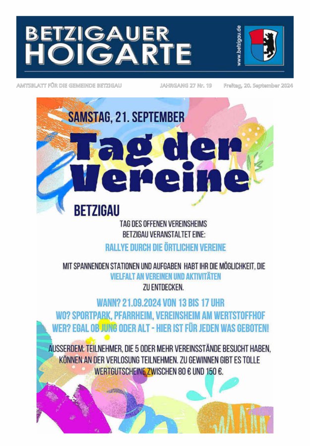 Betzigauer Hoigarte Amtsblatt der Gemeinde Betzigau Titelblatt 19/2024